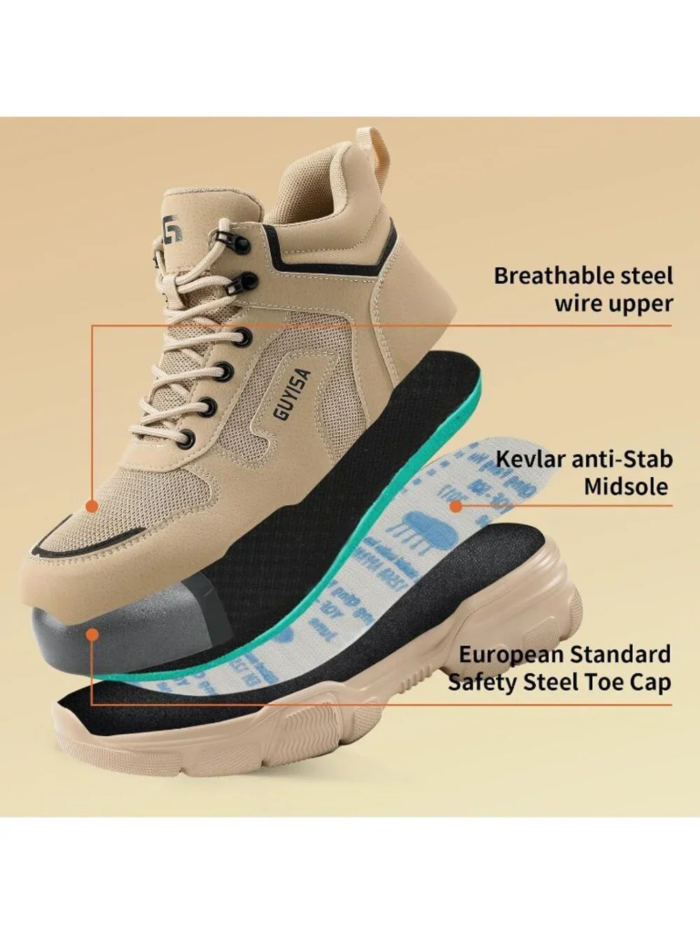 Men's Khaki Splashproof Shoes Casual High Top Steel Toe Non Slip Hiking Boots